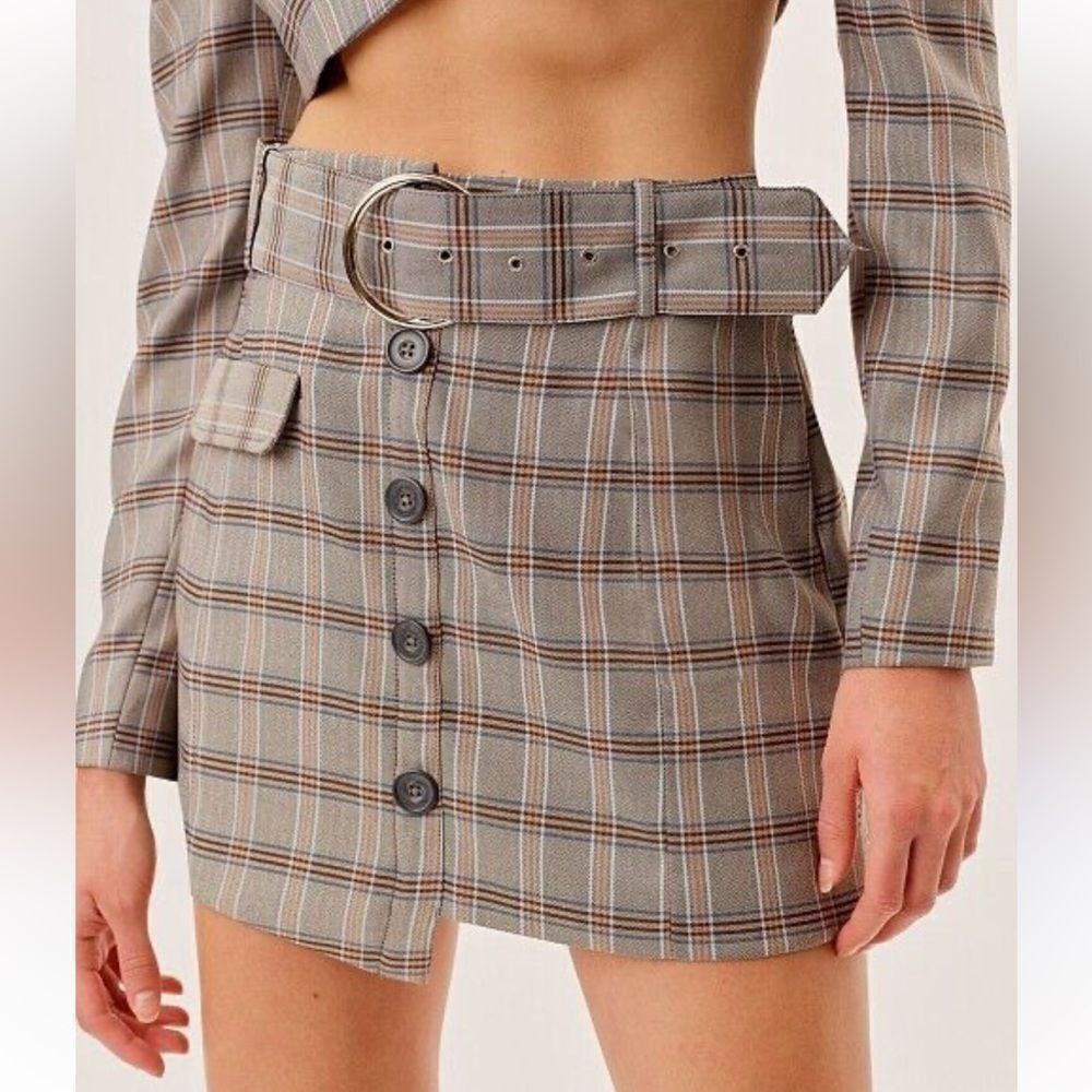 For Love & Lemons Plaid Mini Skirt in Beige and Brown